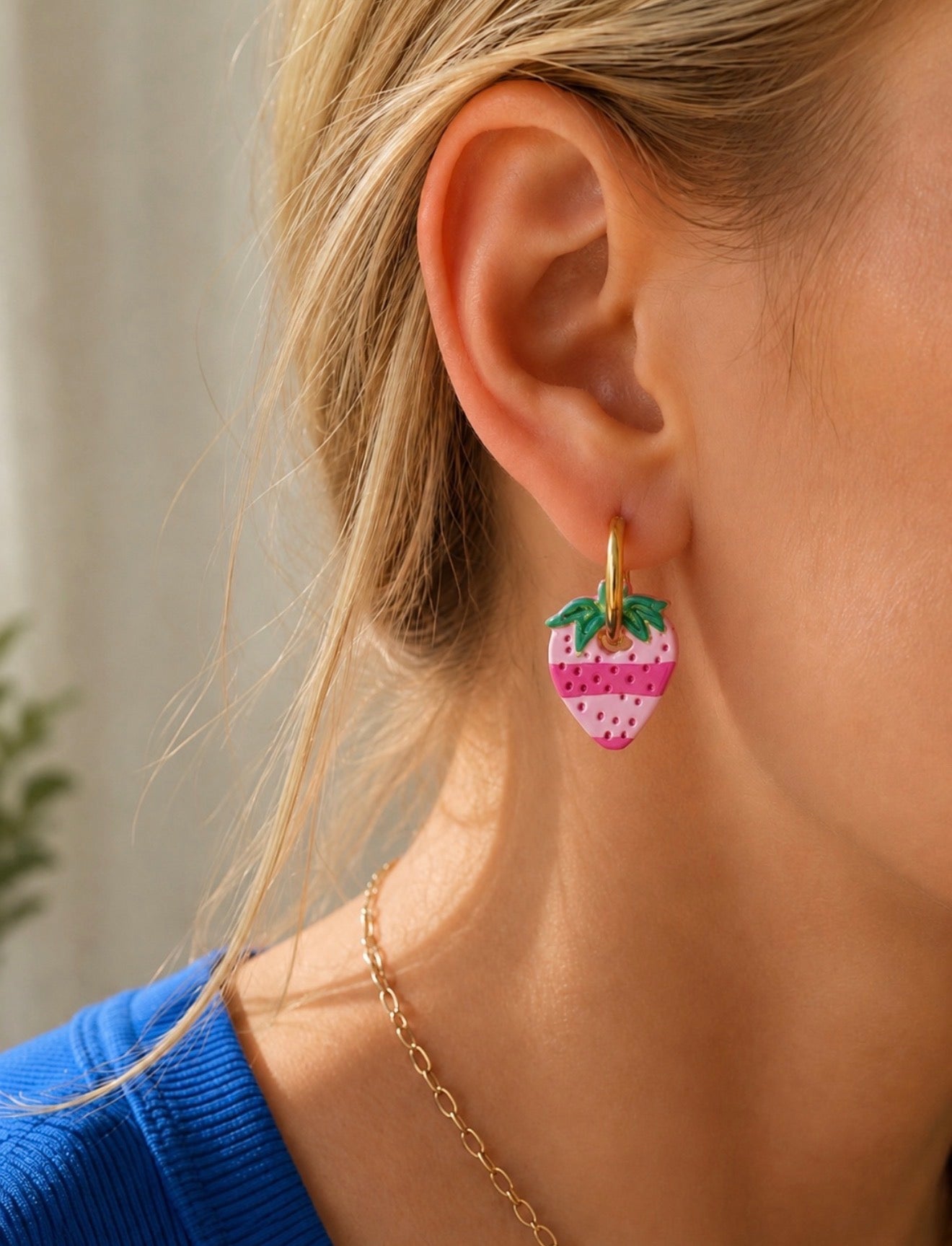 Strawberry polymer clay charm earrings on gold hoops
