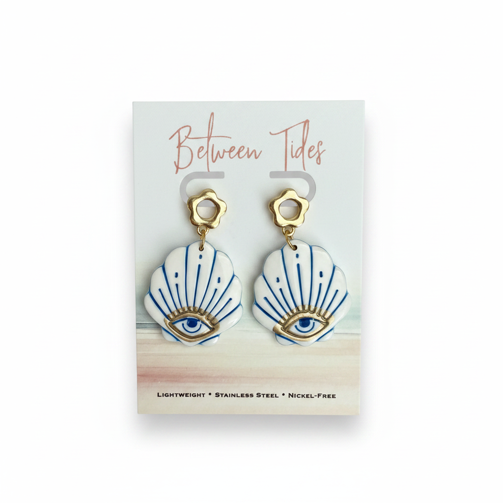 Evil Eye Shell Earrings - Blue