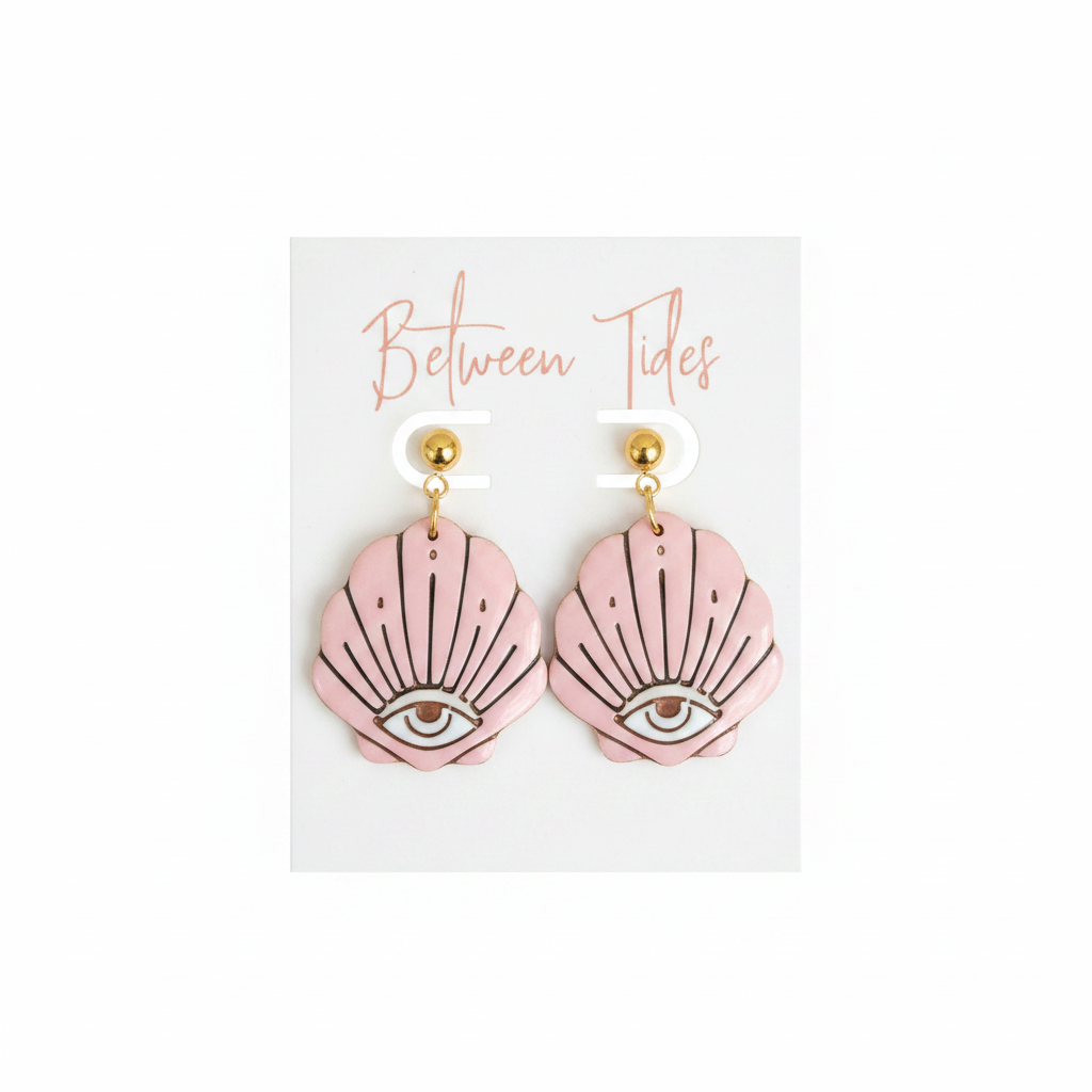 Evil Eye Shell Earrings - Pink